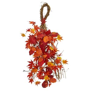 26 in. Mixed Japanese Maple, Magnolia Leaf and Berries Indoor Artificial Teardrop