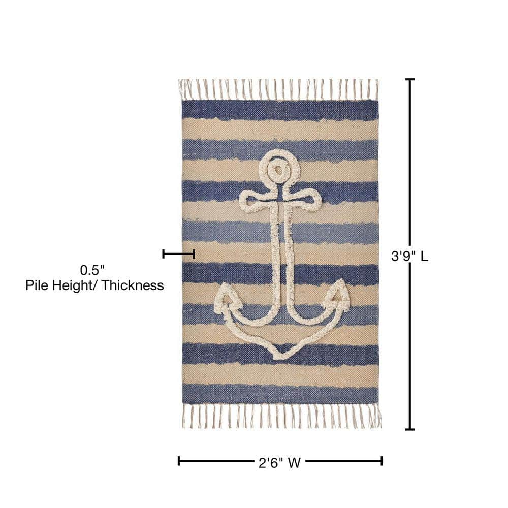 Handmade Nautical Tufted Cotton Accent Rug 45" x 30" - Blue Stripe
