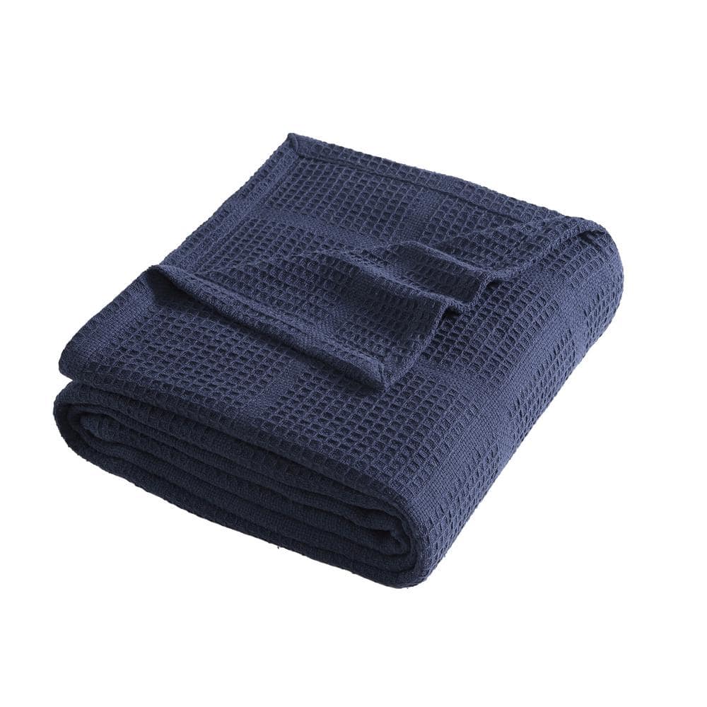 KENNETH COLE NEW YORK Waffle Grid 1-Piece Blue Solid Cotton Twin Blanket  USHSEE1188465 - The Home Depot