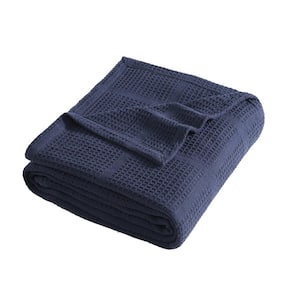 Waffle Grid 1-Piece Blue Solid Cotton Full/Queen Blanket