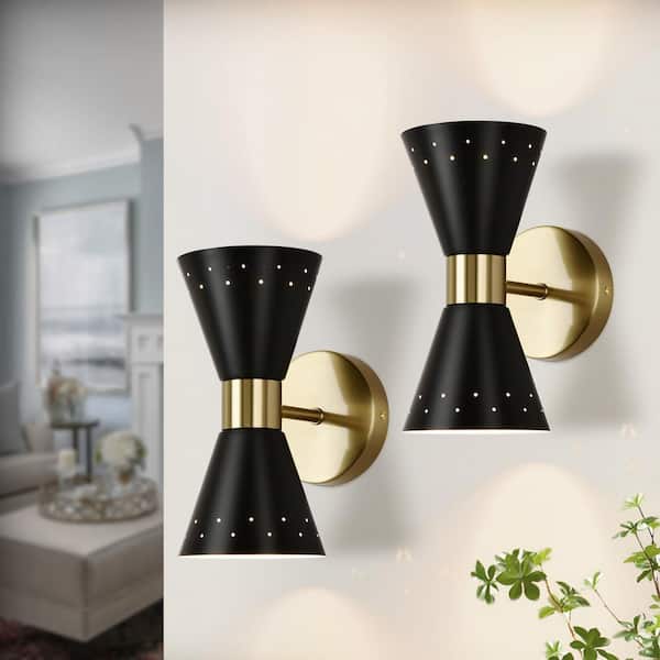 Henveton Nafissa 4.72 in. 2-Light Black Mini Wall Light Sconce with Hourglass Metal Shade for Bathroom Hallway (Pack of 2)