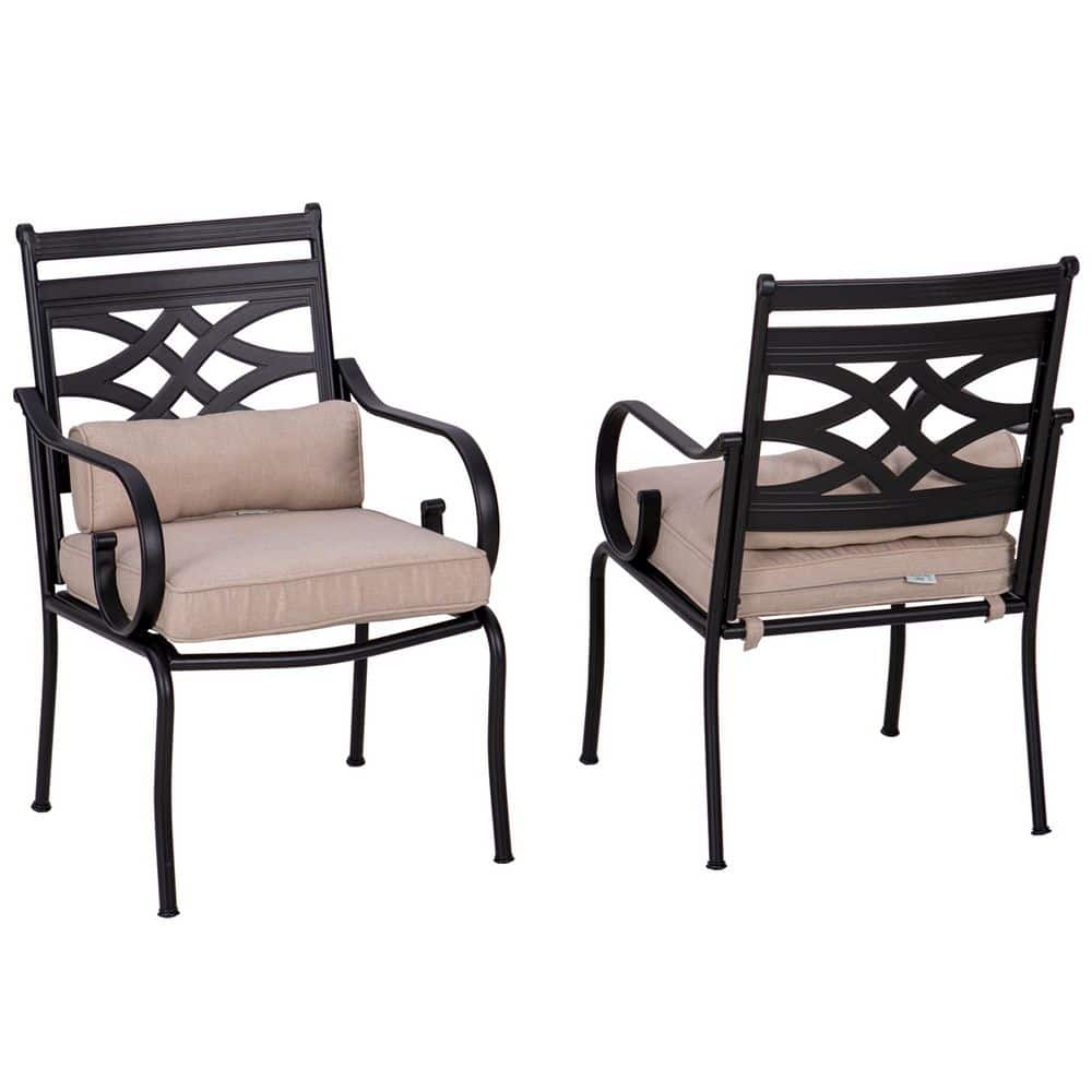Black Steel Arm Dining Chairs with Beige Cushions, Set of Two