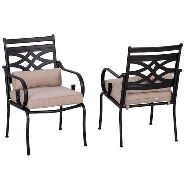 PHI VILLA Black Stationary Arm Metal Outdoor Dining Chair with Beige Cushions (2-Pack)