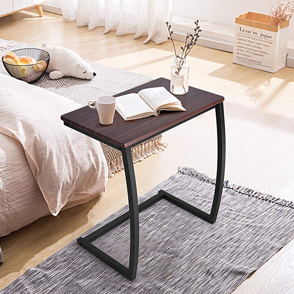 Coffee Wood and Metal C-Shaped End Table