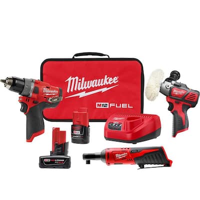M12 FUEL 12-Volt Li-Ion Cordless 1/2 in. Hammer Drill Kit with M12 3/8 in. Ratchet, M12 Polisher/Sander & 6.0 Ah Battery
