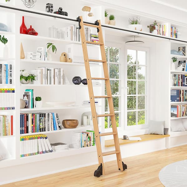 Quiet Glide 8.06 ft. Red Oak Library Ladder (9 ft. Reach) Black Rolling Hook Ladder Kit with 12 ft. Rail and Horizontal Brackets