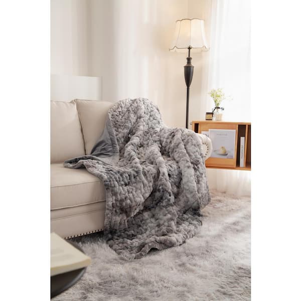 Afoxsos Gray 50 in. x 60 in. Ruched Faux Fur Throw Blanket