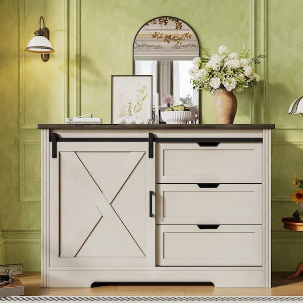 Antique Beige 32.5 in. H Accent Cabinet with Drawer and Sliding Barn Door Floor Storage Cabinet Dining Buffet Sideboard