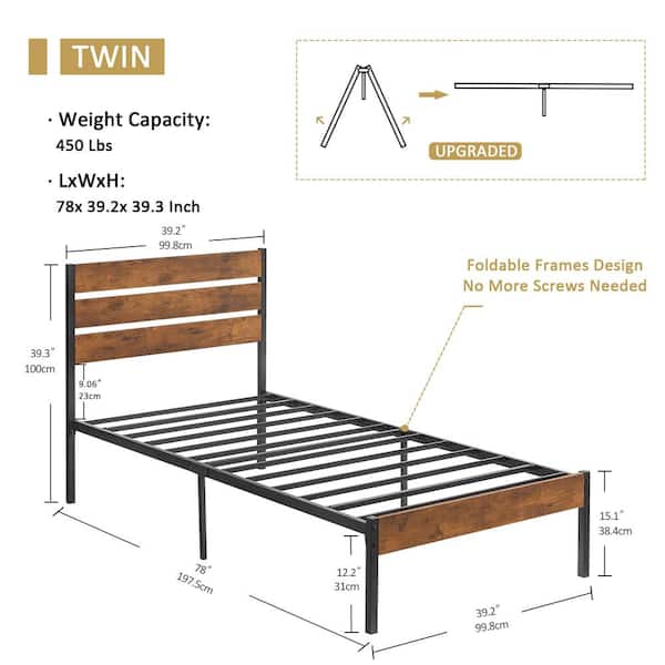 Twin Size Metal Platform Bed with Modern Wood Headboard and Footboard, Easy Assembly/No-Slip/No Noise，40.9"W，Brown