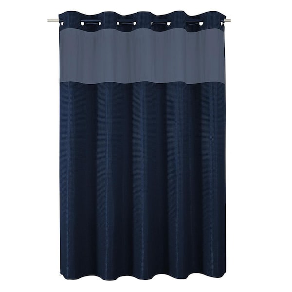 72 in. W x 75 in. L Navy Blue No Hook Shower Curtain with Snap in Fabric Liner, Waffle Weave Thick Shower Curtains