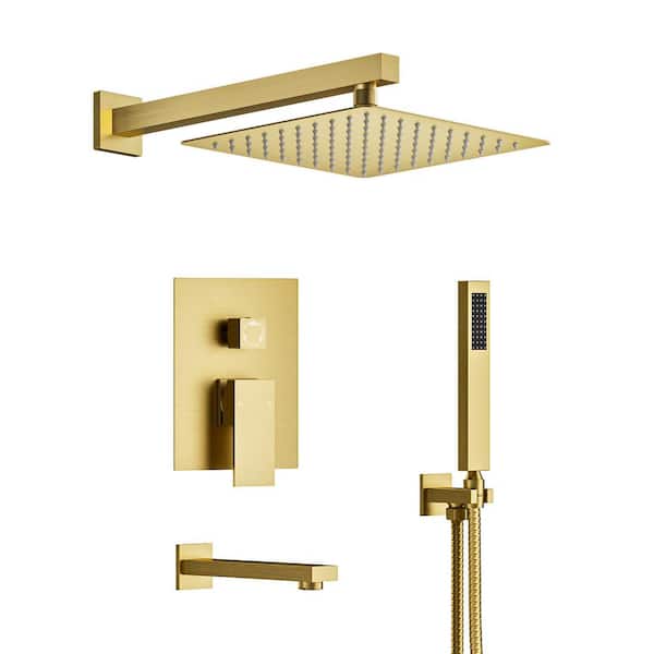 3-Spray 10 in. Wall Mount Dual Shower Head and Handheld Shower Tub Shower Set in Brushed Gold (Valve Included)