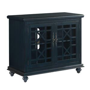 Transitional Dark Blue Wood and Glass TV Stand with Trellis Cabinet Front