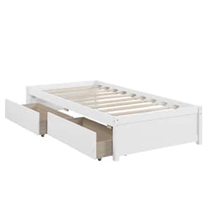White Solid Wood Twin Platform Bed Frame with 2-Urban Drawers Storage Bed with Wooden Slat(No Box Spring Needed)