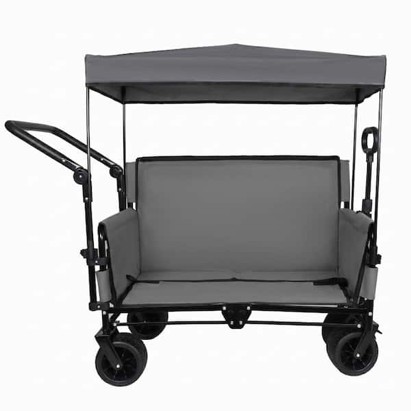 6.35 cu. ft. Steel Utility Wagon Garden Cart with Extended Height Wall, Open Side, Canopy, Push Handle, in Gray
