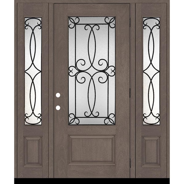 Steves & Sons Regency 68 in. x 80 in. 3/4Lite Georgian Decorative Glass LHOS Ashwood Mahogany Fiberglass Prehung Front Door w/14in.SLs