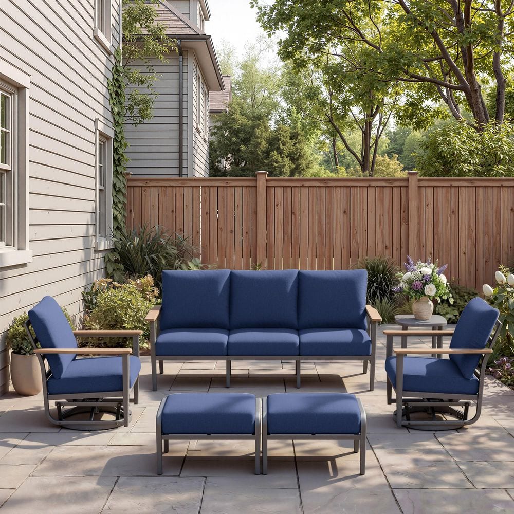 6-Piece Aluminum Patio Conversation Set with 3-Seat Sofa, 2 Swivel Rockers, End Table and 2 Ottomans, Navy Blue Cushions price history on PriceWatchPro