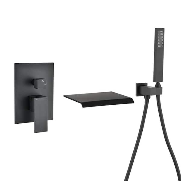 Unbranded Wide Spout Waterfall Single-Handle Wall Mount Roman Tub Faucet with Hand Shower in Matte Black