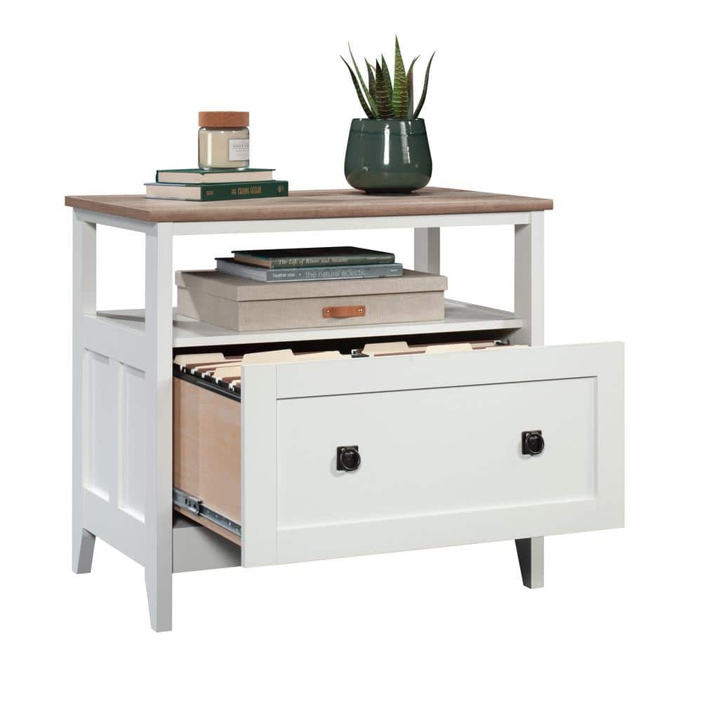 Soft White and Oak Lateral File Cabinet with Open Shelf