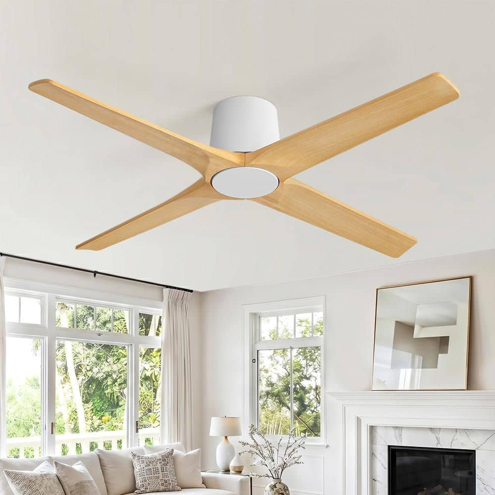 48 in. 4 Solid Wood Blades Indoor Flush Mount Standard Dc Motor Ceiling Fan with Remote, White and Natural Wood Grain price history on PriceWatchPro