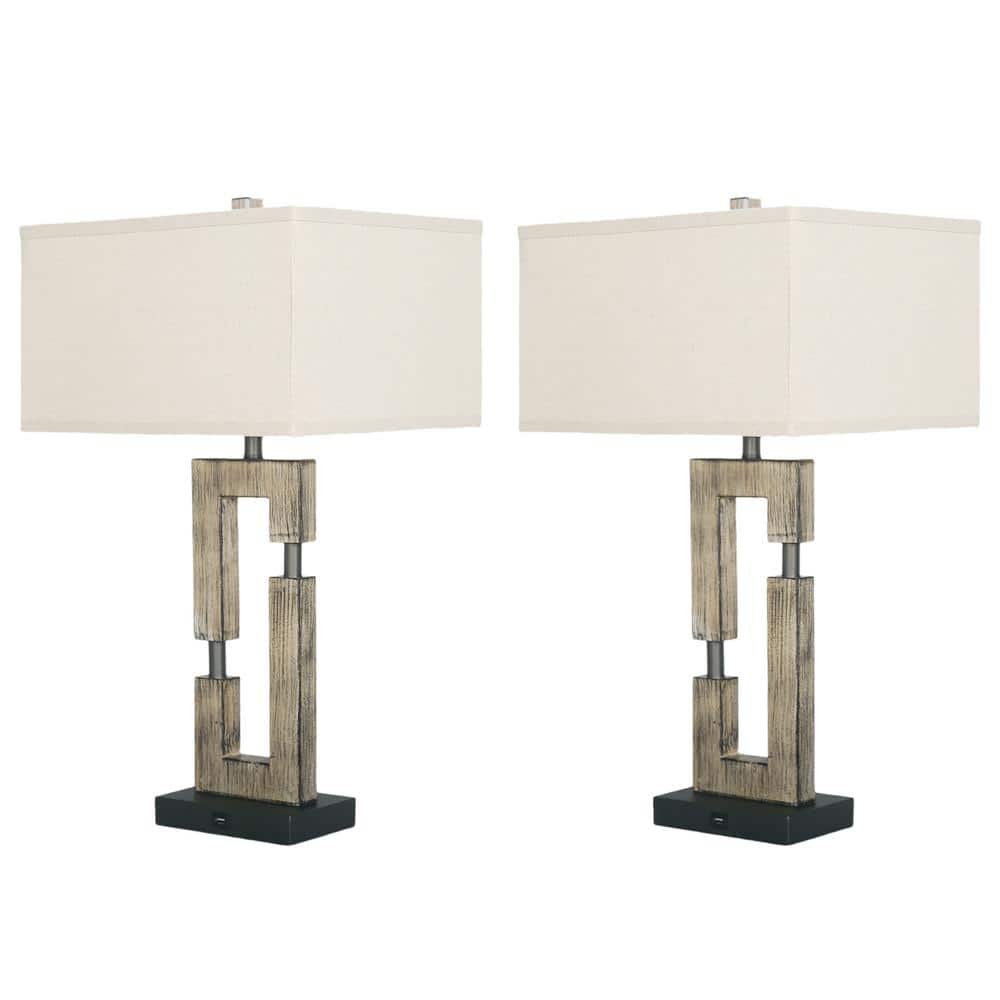 25.8 in. Gray Wood Base USB Table Lamp Set with Beige Fabric Shade and Cable (Set of 2) price history on PriceWatchPro