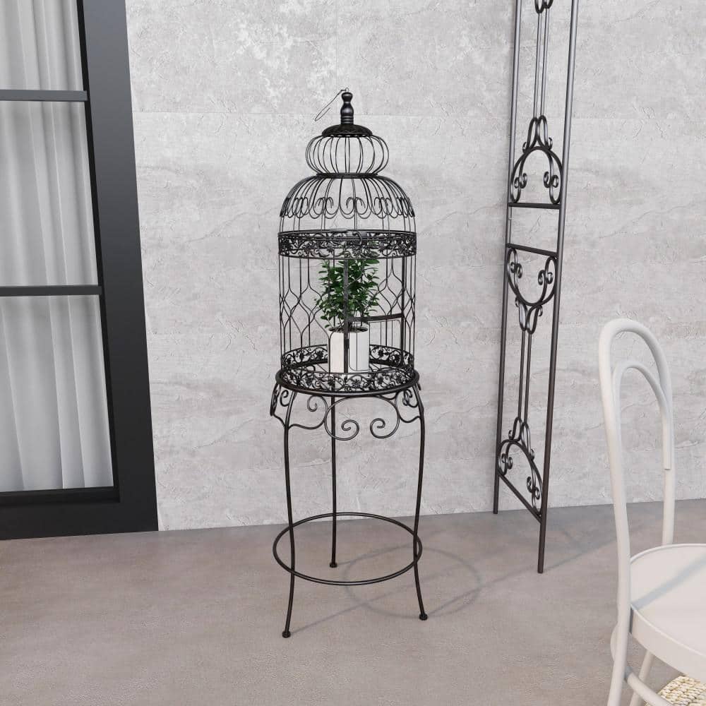 Victorian Black Metal Birdcage with Stand and Hook