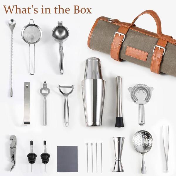 Lynzavix 22-Piece Stainless Steel Bartender Kit with Waxed Canvas 