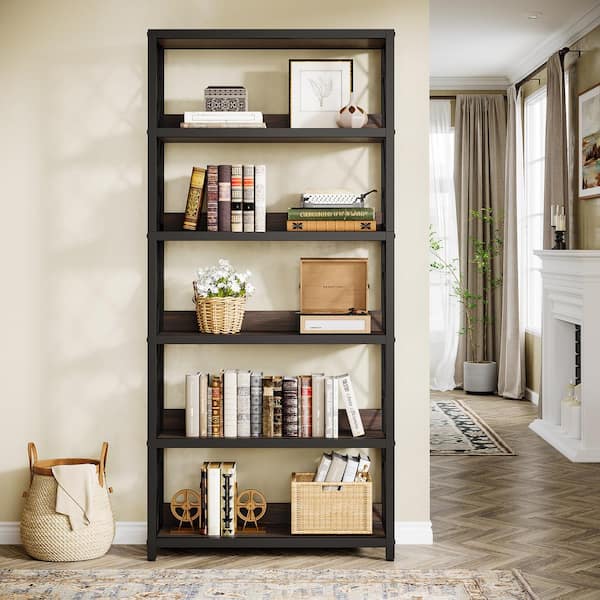BYBLIGHT Eulas 67.5 in. Tall Dark Brown&Black Wood 6-Shelf Open Display Bookcase with Metal Frame,Storage Cabinet for Home Office