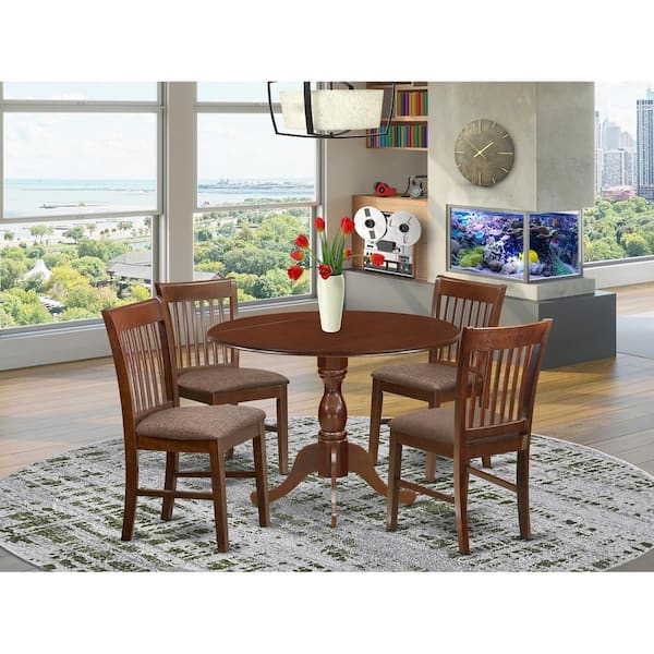 East West Furniture 5-Piece Mahogany Finish Solid Wood Top Dining table with 4 Chairs with Slat Back