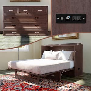 Northfield Burnt Amber Solid Wood Frame Queen Murphy Bed with Mattress and Built In Charging Station