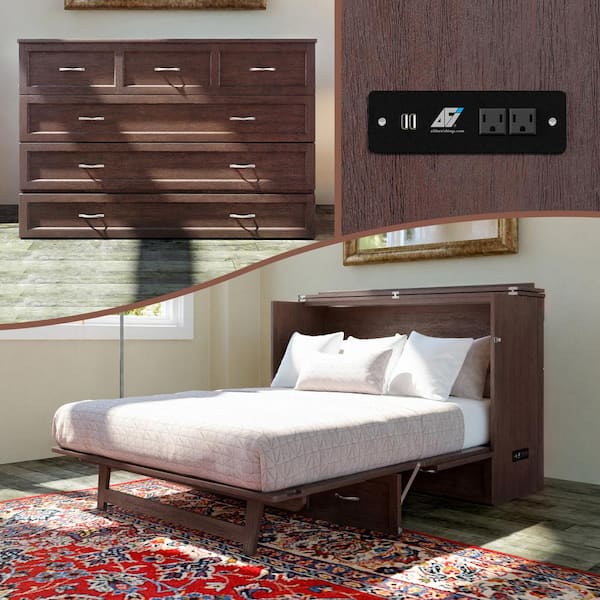 AFI Northfield Burnt Amber Solid Wood Frame Queen Murphy Bed with Mattress and Built In Charging Station