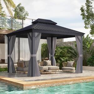 10 ft. x 13 ft.Gray Patio Outdoor Gazebo for Backyard Hardtop Aluminum Frame with Netting, Hooks, Upgrade Curtain