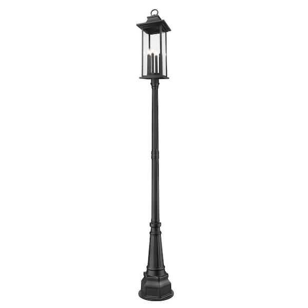Tiberius 116.75 in. Black Weather Resistant 6 Light Outdoor Post Mounted Fixture with Clear Seedy Glass Shade