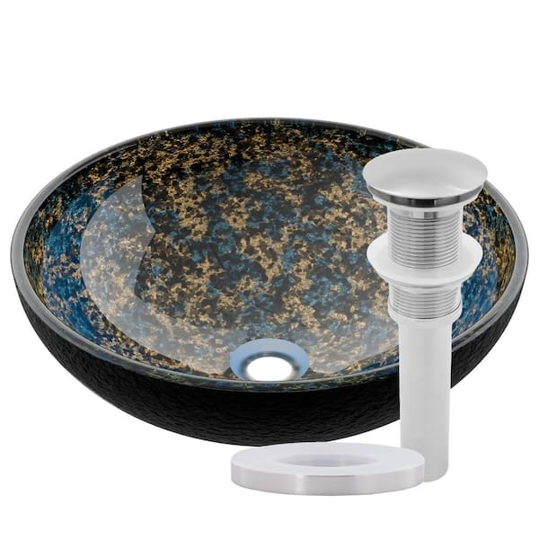 Lepardo 16 in. Vessel Bathroom Sink 16 in. Hand-Painted Azure Tempered Glass with Pop-Up Drain in Brushed Nickel