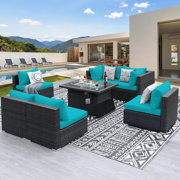 FINCATI Large Size 7 Piece Charcoal Wicker Patio Fire Pit Conversation Sectional Deep Seating Sofa Set with Teal Cushions HD 3021 T The Home Depot