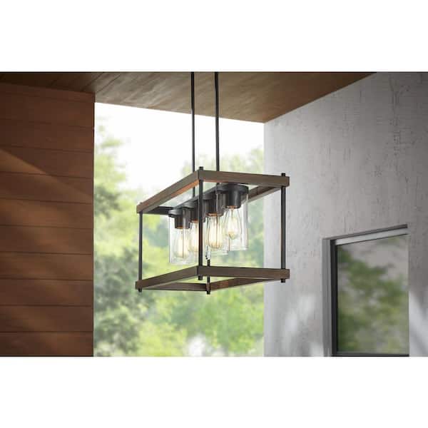 Elden Modern 4-Light Faux Wood and Black Outdoor Chandelier