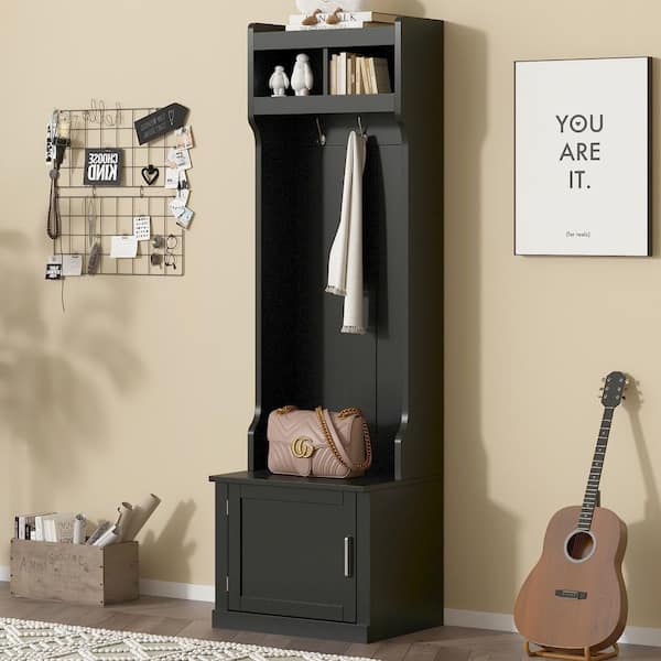 Harper & Bright Designs Minimalist Black Hall Tree with 6 Hanging Hooks, Storage Cabinet and Shelves