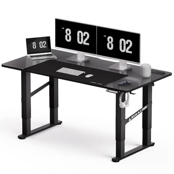 ComHoma 55 in. W Gaming Desk with LED Lights and Power Outlets Black Standing Desk with Dual Motor Adjustable Height Desk