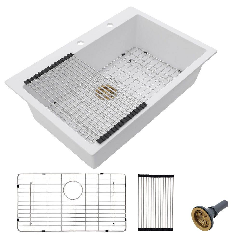33 in. Drop-In Single Bowl White Granite Composite Kitchen Sink Quartz Topmount Basin with Accessories price history on PriceWatchPro