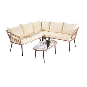4-Piece Metal Patio Conversation Seating Set and Coffee Table with Yellow Cushion