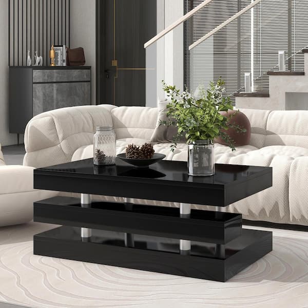 Zeus & Ruta Black Modern 2-Tier Coffee Table Rectangle Cocktail Table with Silver Metal Legs, High-gloss UV Surface for Living Room