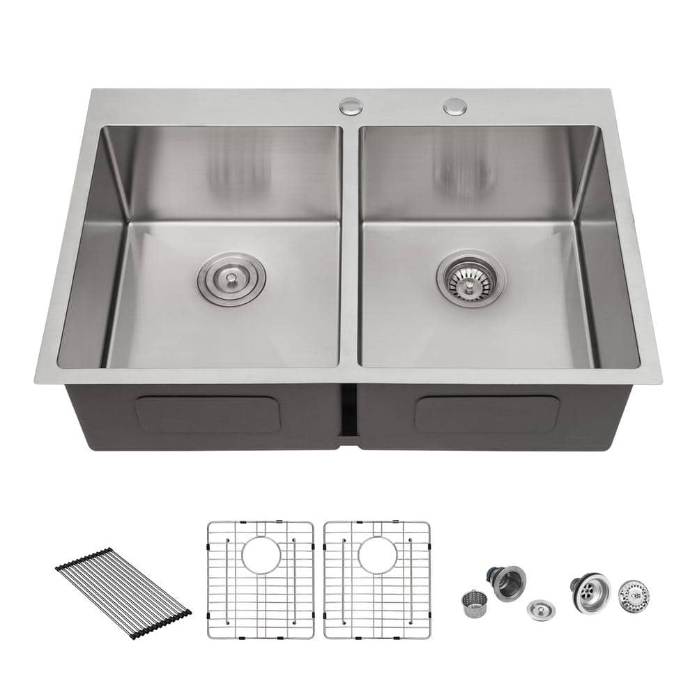 16-Gauge Stainless Steel 33 in. Double Bowl (50/50) Drop-in Kitchen Sink with Accessories -  cadeninc, Lor-LQW1-562