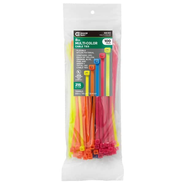 Commercial Electric 8in Standard Cable Zip Ties 100 COMBO Pack (Assorted Colors)