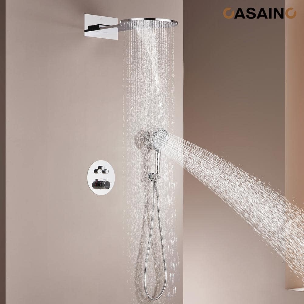 Chrome Dual Head Thermostatic Rain Shower System with Handheld
