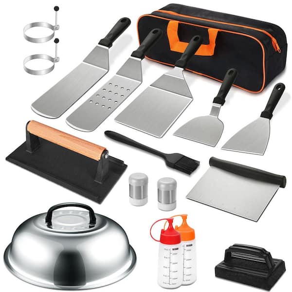 18-Piece Stainless Steel Griddle Accessories Kit with Spatulas, Scraper, Press, Basting Cover, Outdoor BBQ Set