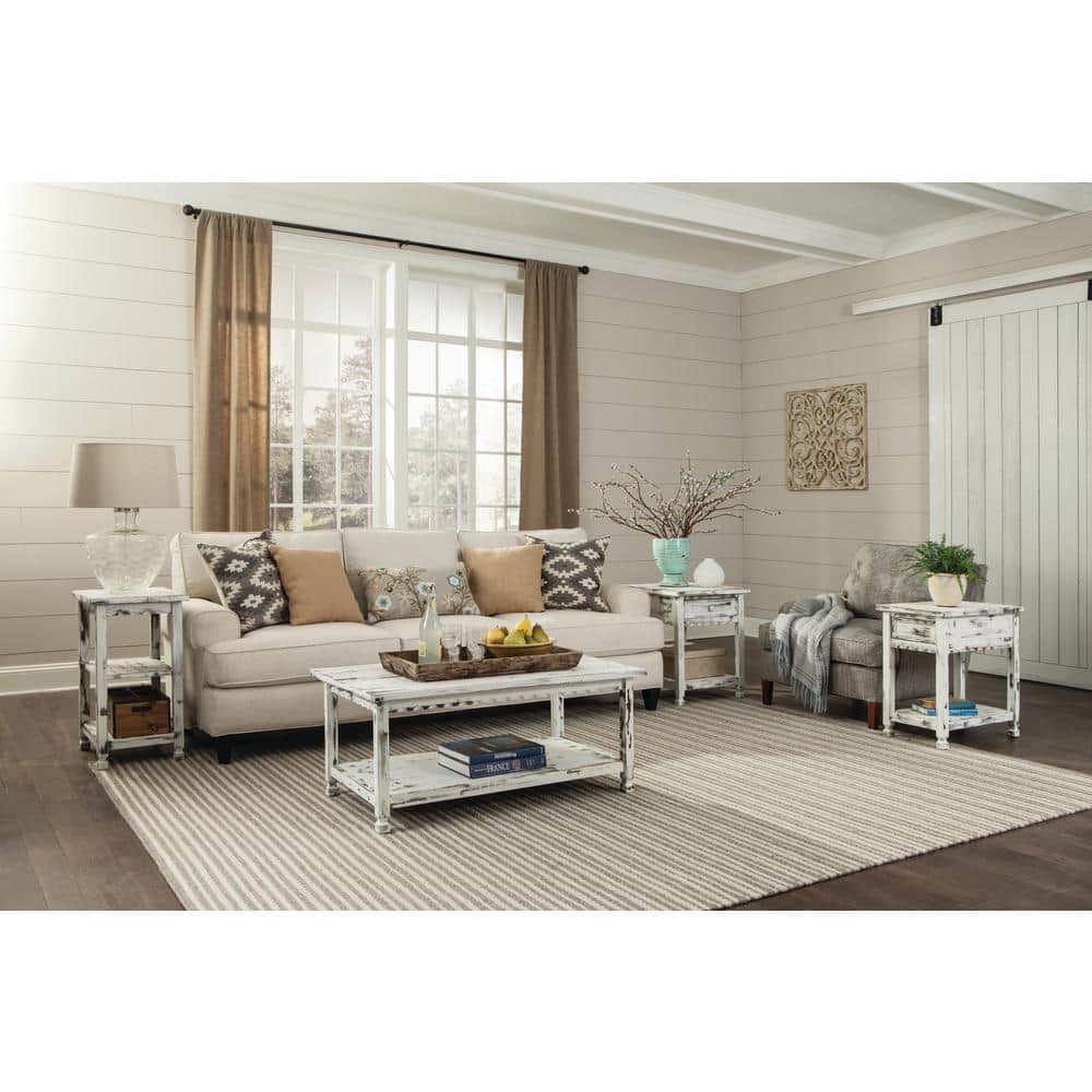 Rustic White Distressed Wood Chairside Table with Storage