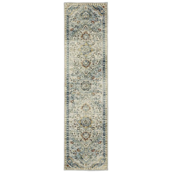 AVERLEY HOME Brixworth Blue/Multi-Colored 2 ft. x 7 ft. Oriental Medallion Distressed Polypropylene Indoor Runner Area Rug