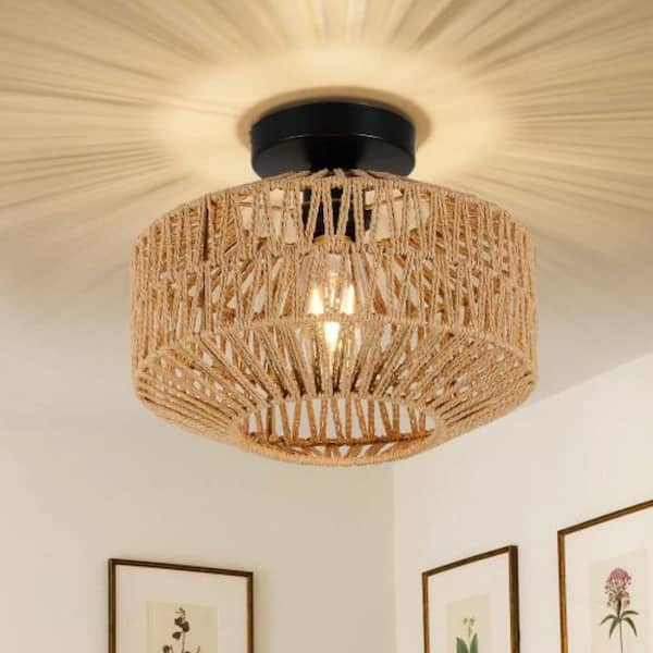 11.8 in. 1-Light Brown Boho Rattan Ceiling Light Flush Mount withDimmable LED Bulb and Handwoven Wicker Fixture for Home