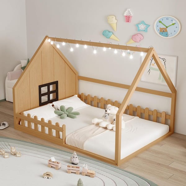 Guinevere Beige Full Size House Platform Bed, Kids Bed with LED Light, Shelves, Window, Fence, Natural