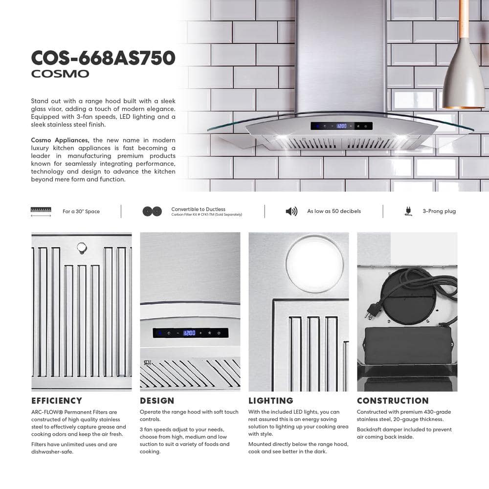 30-Inch Stainless Steel Wall Mount Range Hood with Touch Controls