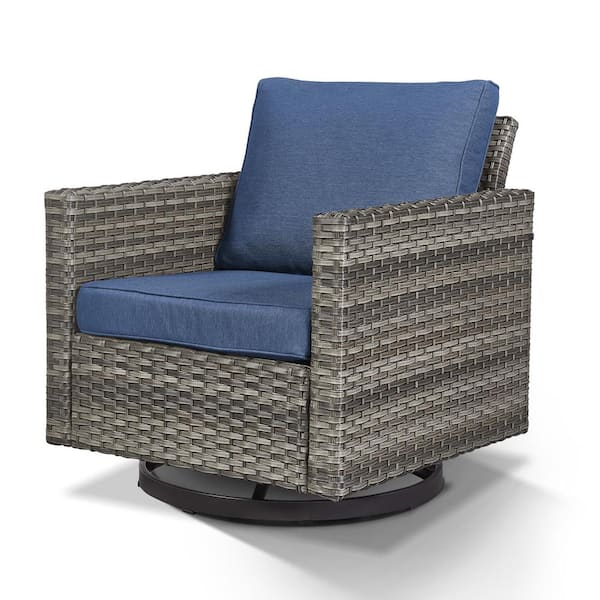 Gymojoy Valenta 1-Piece Gary Wicker Patio Swivel Chair Outdoor Rocking Chair with Blue Cushions